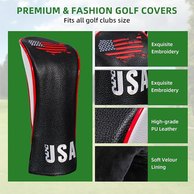 Golf Club Head Covers,4pcs or 1pc USA Golf Head Covers for Woods and Driver Fairway Hybrid - PU Leather Mallet Blade Putter for Men Women Golf Enthusiast