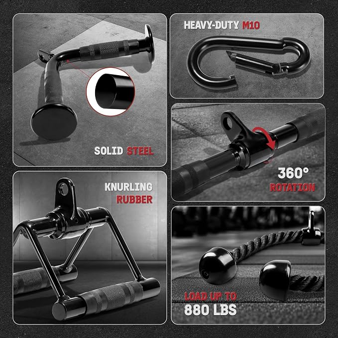 Yes4All Cable Machine Attachment, Row Handles, Tricep Rope, Straight Bar, V Bar, LAT Pulldown Accessories Load 880 LB for Home Gym