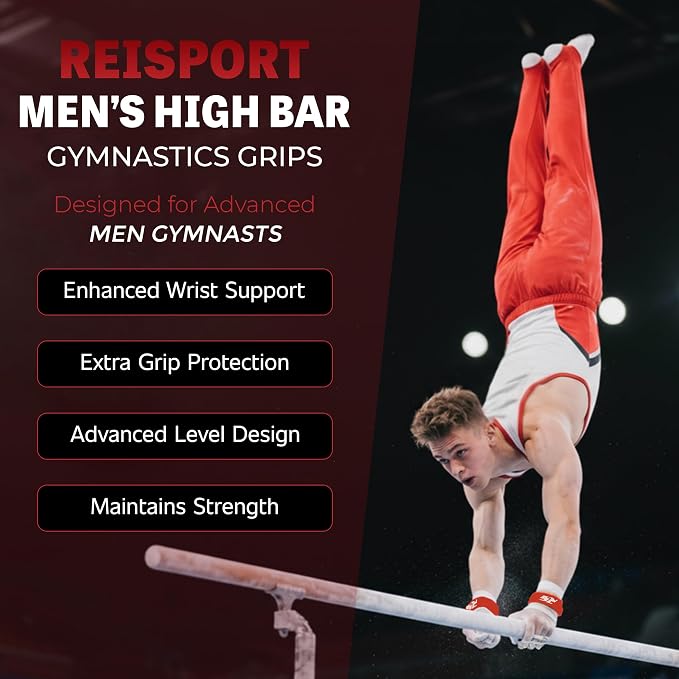 Reisport Men's High Bar Gymnastics Grips - Durable Leather Hand Grips for Gymnastics Bars Men & Boys - Gymnastics Equipment & Accessories for Advanced Gymnasts