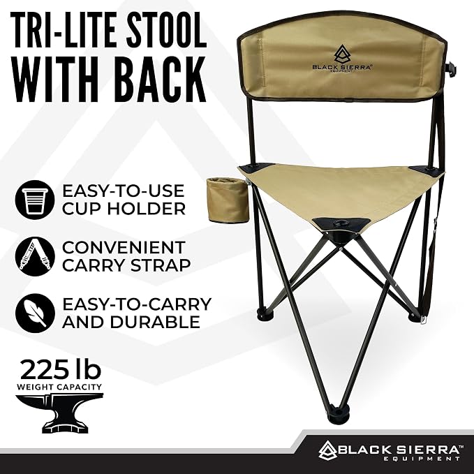 Black Sierra Tri-Lite Folding Stool with Backrest & Cup Holder, Lightweight Portable Hunting Fishing Chair with Carry Strap, Collapsible Outdoor Tripod Seat Supports 225 lbs