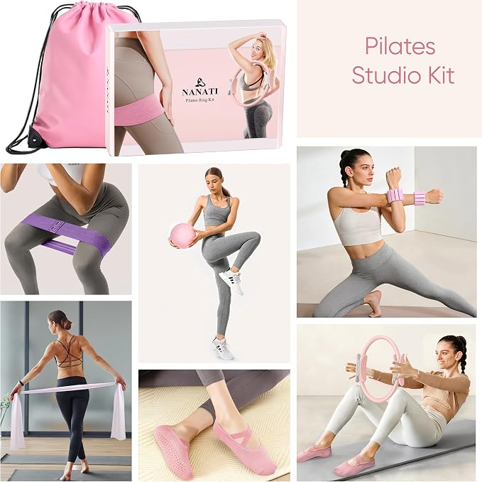 NANATI Pilates Kit, Home Pilates Workout Kit for Women, Pilates Equipment with 14.5" Pilates Ring and Ball, Resistance Bands, Ankle Weights, Sliders & Grip Socks for Home Workouts