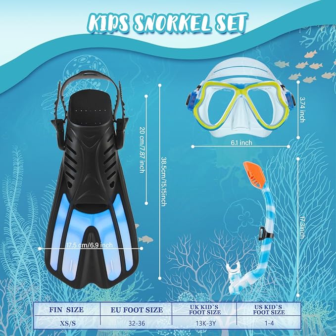 Snorkeling Gear for Kids, 4 in 1 Child Mask Fins Snorkel Set with Panoramic View Anti Fog Mask, Dry Top Snorkel, Trek Fins and Travel Bag, Kids Snorkeling Set with Fins for Snorkeling Swimming