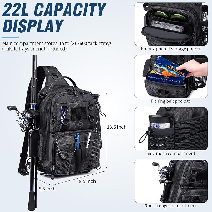Fishing Bag, Convertible Fishing Tackle Sling Bag with Rod & Beverage Holder, Anti-theft Crossbody Shoulder Bag, Fish Gifts for Men Women, Black Camo