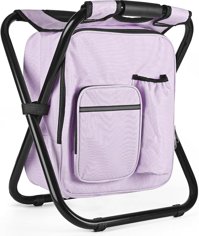 Kikerike Backpack Stool Cooler Chair Heavy Duty 300 LBS Max Load Portable Lightweight Stool Backpack Folding Fishing Cooler Seat for Camping Hunting Fishing - Pale Amethyst