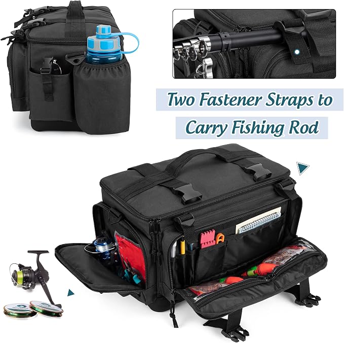 DSLEAF Waterproof Tackle Box Bag with Rod Holder, Soft Fishing Tackle Storage Bag with Non-Slip Base for Saltwater or Freshwater Fishing (Patent Design), Only Bag