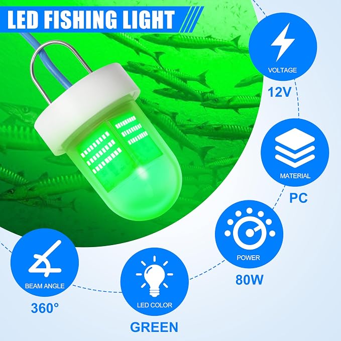 AGOOL Underwater Green Fishing Light Super Bright 80W 40000 Lumens 12V LED Deep Drop Night Fishing Light Submersible Fishing Bait Finder Shrimping Lights for Snook Crappie Shrimp Squid Fish
