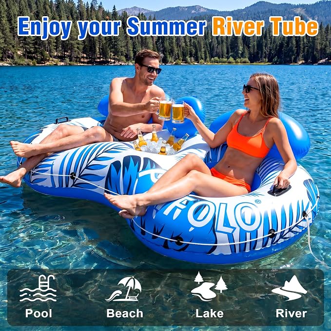 Pool Float Adult,2-Person Large Inflatable River Float, XL River Tubes for Floating Heavy Duty with Mesh Bottom, Comfortable Backrest & 2 Cup Holders & Durable Grab Handles,600 lbs Weight Capacity