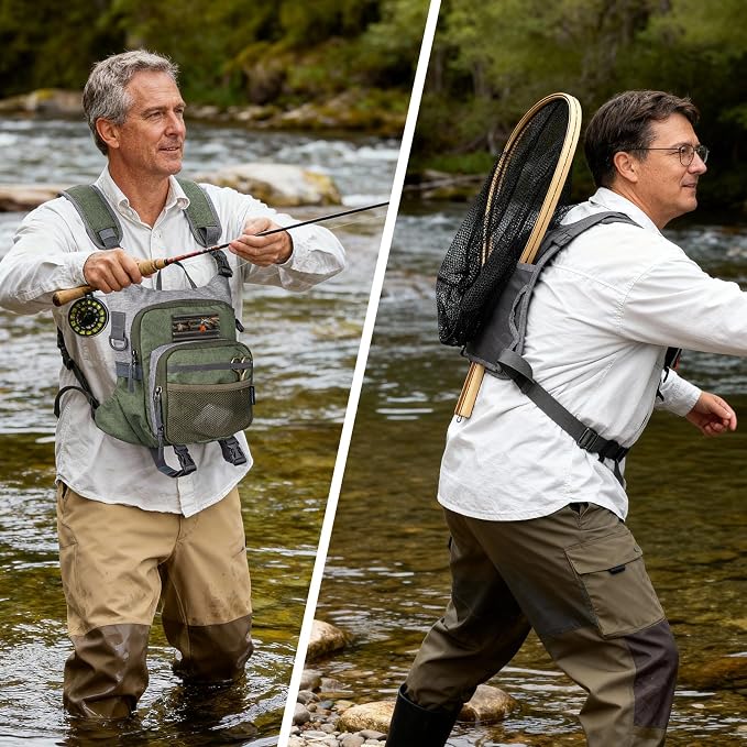 QulayQualy Fly Fishing Pack - Chest Pack with Work Station Lightweight Tackle Fishing Bag with Quick-Release (Green, L-12'' w/Cup Sleeve)