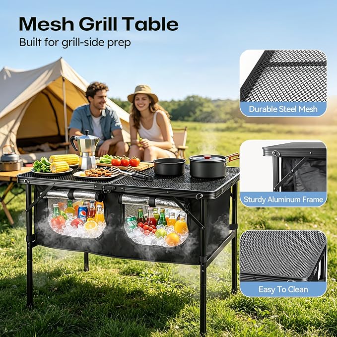 Camping Table with Storage, Folding Camp Kitchen Table with Insulated Cooler Bag, 35.4" x 23.6" Height Adjustable Lightweight Aluminum Outdoor Table for BBQ, Picnic, RV, Tailgating