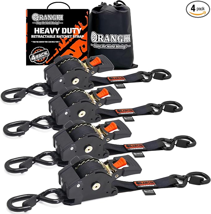 ORANGEE® 4 Pack Heavy Duty Auto Retractable Ratchet Strap 1IN x 10FT Perfect for Securing Cargo, Motorcycle & Boats Min. Breaking Strength 2,000LBS Per Strap - Black