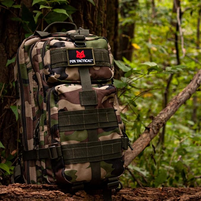 FOX OUTDOOR PRODUCTS Medium Transport Pack | 29L Tactical Backpack with Organizer Pockets, MOLLE Webbing & Hydration Sleeve, Woodland Camo