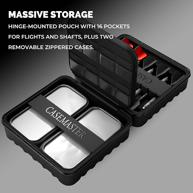 Casemaster Maxx 3 Dart Case, Holds 9 Steel Tip or Soft Tip Darts Fully Assembled, Hard Shell EVA Darts Case, 16 Accessory Pockets, Black