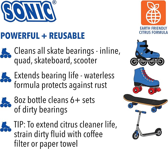 SONIC Citrus Skate Bearing Cleaner, Cleans Inline Skate, Roller Skate and Skateboard Bearings, Earth friendly, 16 oz total (8 oz per bottle), Made in USA, 2 pack