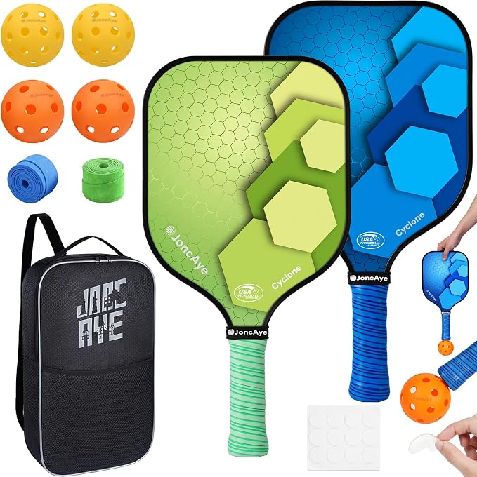 JoncAye Pickleball Paddles Set of 4 or 2, USAPA Approved Fiberglass Rackets with Outdoor Indoor Balls, Bag, Overgrip, Lightweight for Family, Professional Equipment for Beginners Intermediate