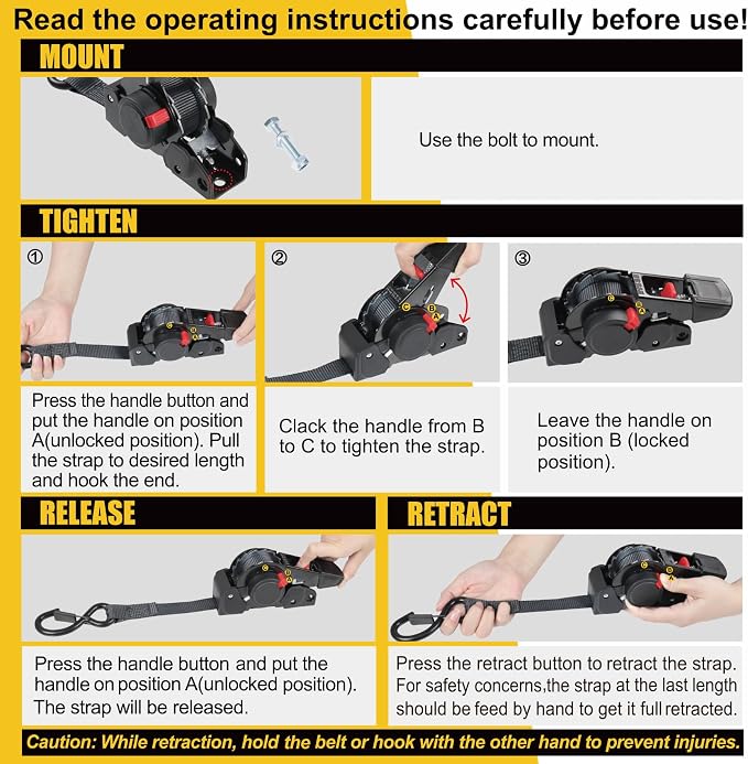 Ayaport Retractable Ratchet Straps 1 inch x 6ft Bolt-on Tie Down Straps to Trailer - 1410lbs Break Strength, Heavy Duty Trailer Strap for Cargo, Boat, Jet Ski, Motorcycles, ATV