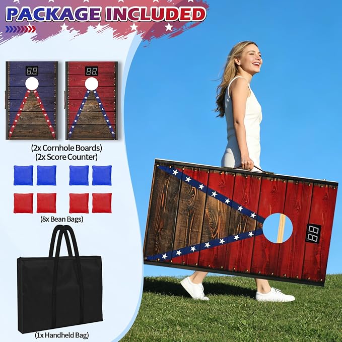 Electronic Cornhole Board Set 4x2ft 3x2ft 2x1ft, Automatic Scoring Corn Hole Games for Adults & Kids, Wooden Portable Cornhole Set with 8 Bean Bags & Carrying Bag for Outdoor, Tailgate, Party