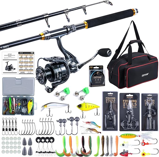 Goture Fishing Rod and Reel Combos, 2.4M Carbon Fiber Telescopic Fishing Pole with Spinning Reel, Lures Set, 900D Carrier Bag, Travel Full Kit for Freshwater Saltwater, Beginners & Anglers