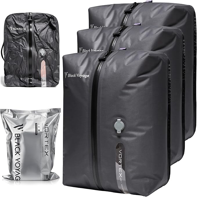 Black Voyage Reusable Vacuum Compression Travel Bag for Carry-On Suitcase and Backpack, Recycled IPX8 Waterproof Space Saver Vacpack (3-Pack, 18L - No Pump)