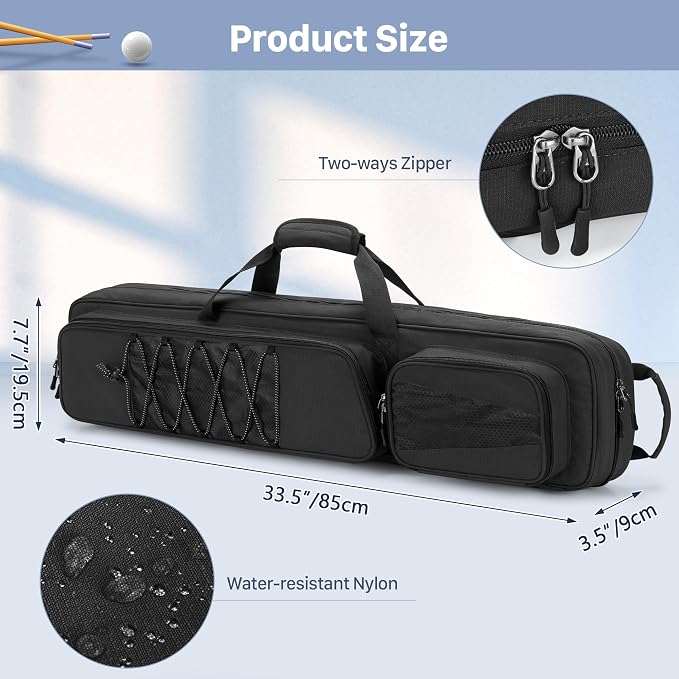 GOBUROS 4x5 Pool Cue Case, Billiard Stick Carrying Case Holds 4 Butts and 5 Shafts, Soft Pool Stick Bag with Large Front Accessories Pockets and Shoulder Strap for Easy Carry