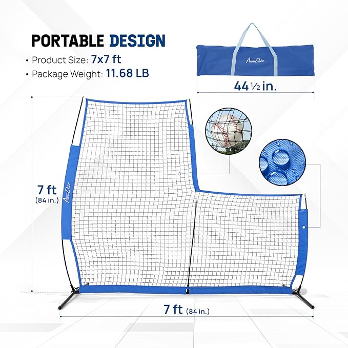 Portable L-Screen Baseball 7x7ft with 2 Baseballs, Rubber Wheels - L Screen Baseball for Batting Cage, Protective Pitching Screen Net Double Layers, Carry Bag Included