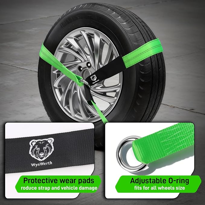 4 Pack Car Tie Down Straps for Trailers, Tire Ratchet Strap with Flat Hooks, 2" x8' 10,000lbs Break Strength -T-Handle Car Hauler Tire Lasso Wheel Straps for Hauling UTV, Truck, SUV