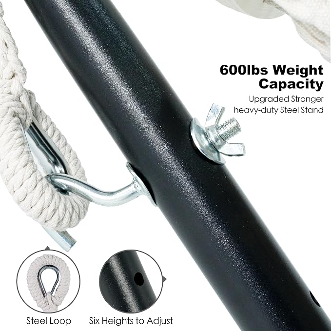 GAFETE Double Hammock with Stand for Outside, Upgraded Spreader Bar, Heavy Duty Space Saving Steel Stand 2 Person, Convenient Pocket, Easy Assembly, 600lbs Weight Capacity, Indoor & Outdoor (Natural