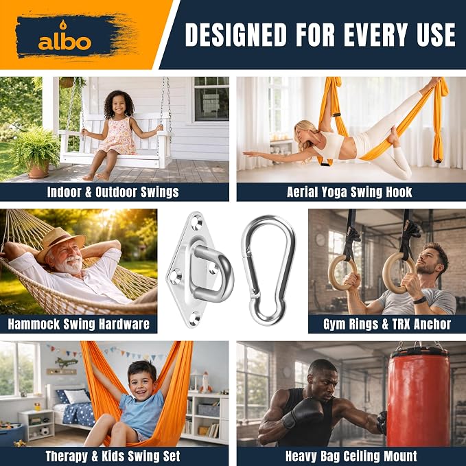 Albo Diamond Plate 2650lbs Swing Hangers 4 PCS - Heavy Duty Ceiling Mount Hooks with Snap Carabiners, 304 Stainless Steel for Wood & Concrete & Metal, Indoor Outdoor Anchor for Hammock, Yoga, TRX