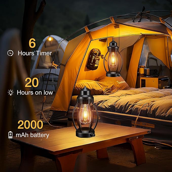 Rechargeable Outdoor Camping Lanterns 2Pack, Vintage Dimmable Hanging Outdoor Lanterns with Timer, Waterproof Battey Powered Indoor Table Lamps for Patio, Garden, Porch Decorations