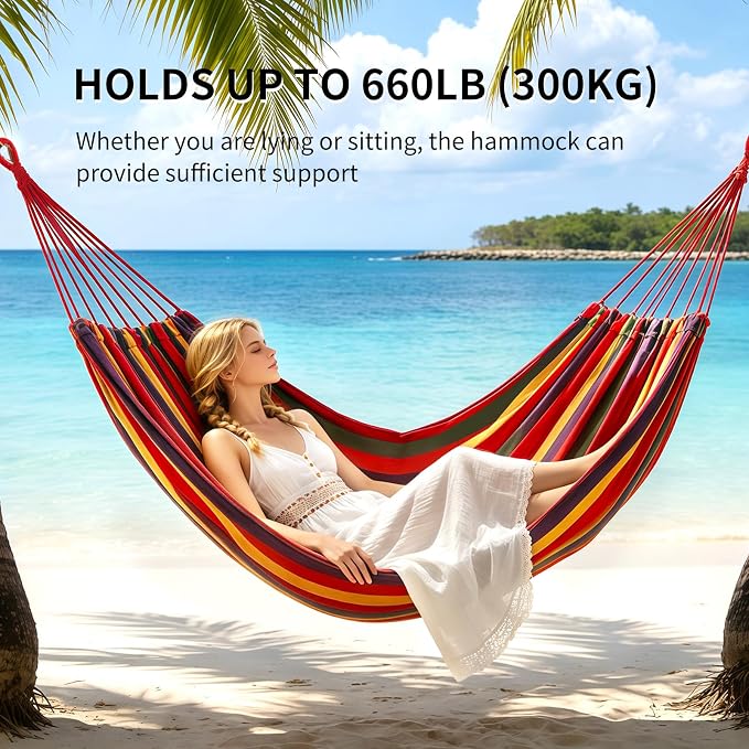 Rainbow Hammock Cotton Hammocks Comfortable Fabric Hammock with Tree Straps for Travel Patio Garden, Hanging Sturdy Hammocks Up to 660lbs Indoor/Outdoor Portable Hamacas with Travel Bag（Rainbow）