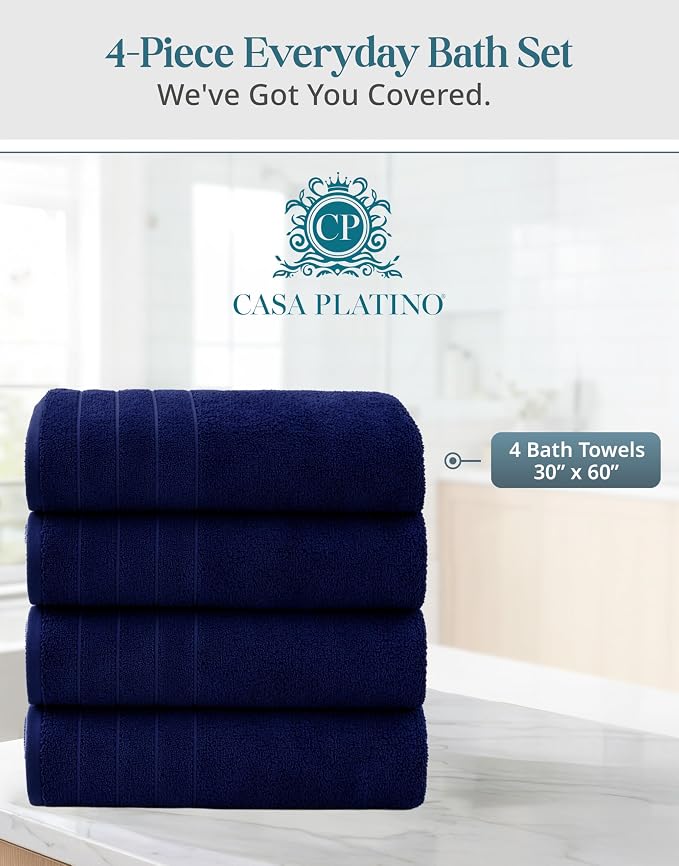 Casa Platino 100% Cotton 4 Pack Bath Towels (30"x60") - Ring Spun Mercerized Cotton Towels Set for Bathroom - Quick Dry, Soft & Absorbent Large Bath Towel Set - Dorm Essentials for Boys - Navy Blue