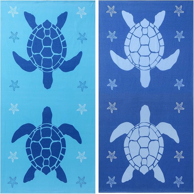Jessy Home Microfiber 4 Pack Beach Towel Set, 40x70in Oversized Beach Towel, Quick-Dry Sand-Free Highly Absorbent Swim Towel, Soft Pool Towel, Marine Mixed Prints of Starfish & Sea Turtle for Vacation