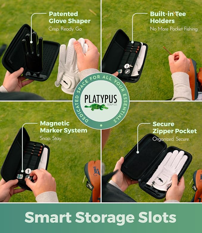 Platypus Golf Co. Golfing Caddie EVA Travel Case Organizer with Bamboo Tees & Ball Marker - Hand Reversible Hinging Glove Shaper & Holder, Mesh Pocket & Storage Slots, Golfers Cases for Men & Women