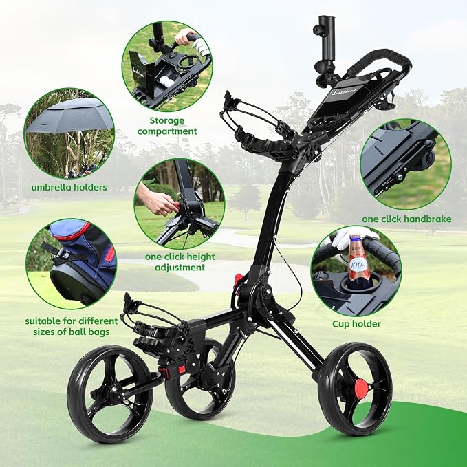 Lakehood Golf Push Cart, 3 Wheel Golf Push Cart Foldable and Golf Bag Cart, Push Cart Golf Easy to Open/Fold, Golf Caddy Push Cart with for Different Terrain with Umbrella Stand Cup Holder Scoreboard