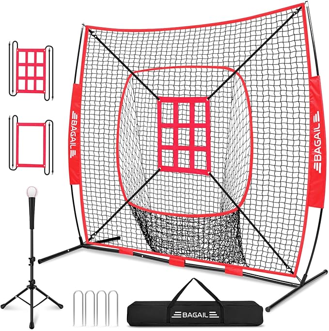 BAGAIL 7x7 ft Extra Large Baseball & Softball Training Net with Batting Tee, Heavy Duty Reinforced Steel Frame, Oversized Hitting Zone for All Levels, Portable Backstop with Carry Bag