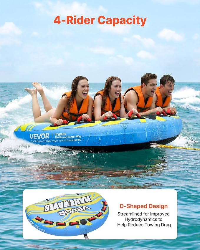 VEVOR Towable Tubes for Boating, 1-4 Riders Inflatable Boat Tubes & Towables, 340-680 lbs Capacity, Multiple Sizes with Full Nylon Cover, Padded/EVA Handles, Fins & Safety Valve (Multi-Option)