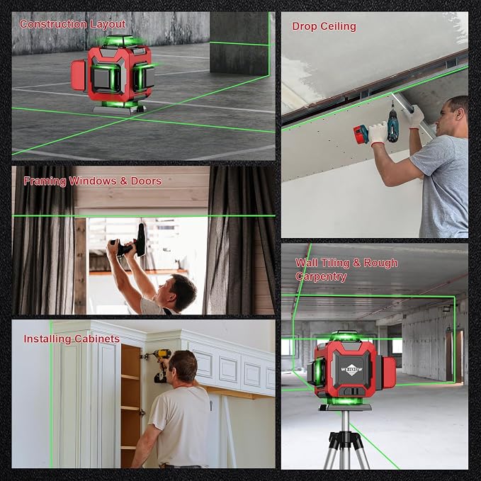 WEIDDW Laser Level with Tripod, Self Leveling Laser Level 4x360°, Green Line Laser 4D Laser Leveler Tool with 2Pcs Lithium Batteries for Picture Hanging, Tile, Home Renovation(SizeX)