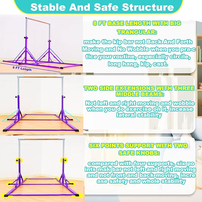 Marfula Gymnastic Bar For Kid and Teenage of 3-25, 5Ft/8 FT Base Length 4Ft Width 5Ft Adjust Height, Gymnastic Kip Bar For Gymnast, Gymnastic Training Equipment For Professional Training Home Club Use