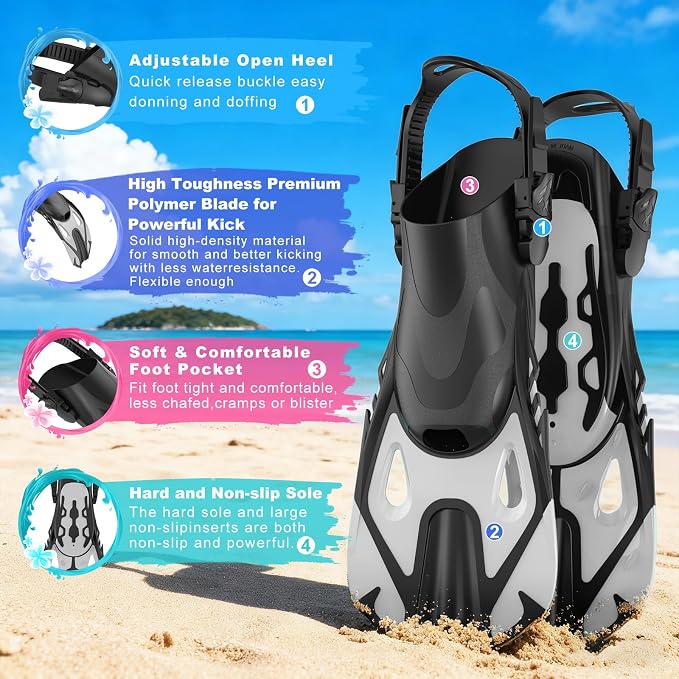 Snorkeling Gear for Adults, Mask Fin Snorkel Set, Dry Top Snorkel Mask, Panoramic View Anti-Leak Anti-Fog 3 in 1 Snorkeling Kit Travel Diving Package with Storage Bag