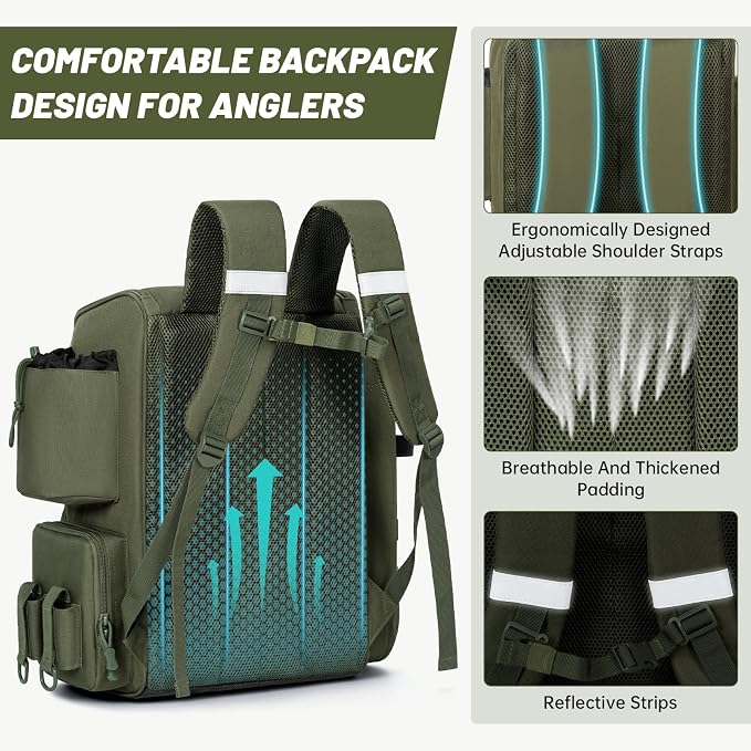 40L Fishing Backpack Water Resistant Fishing Tackle Bag with 2 Rod Holders, Tackle Storage Bag for Anglers(Green Bag Only)