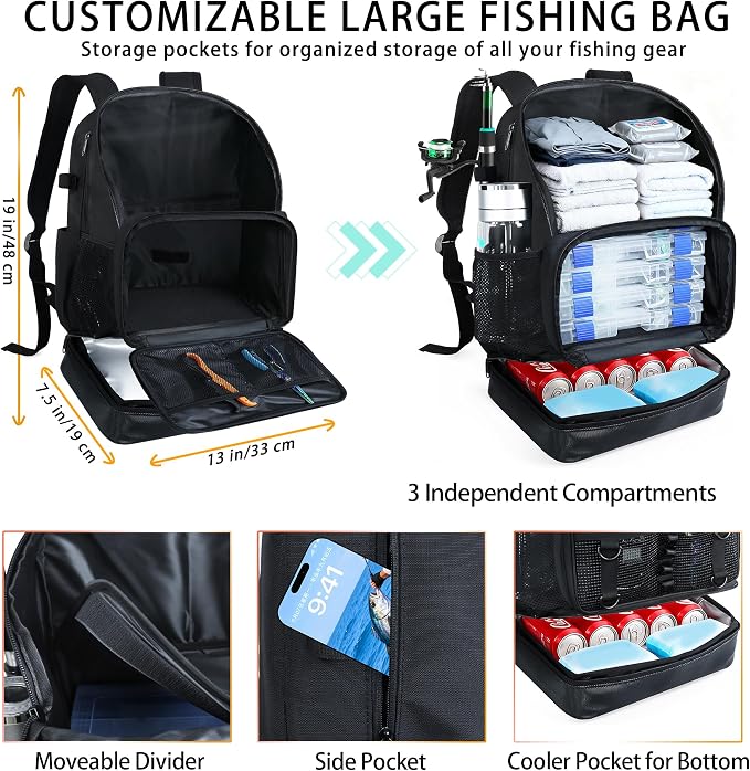 Fishing Backpack with Tackle Boxes and Rod Holder, Cooler, 30L Large Tackle Bag with Fishing Gear Lures Kit, Waterproof Bottom tackle Backpack Fish Set Gifts for Men Women-Black Back Pack