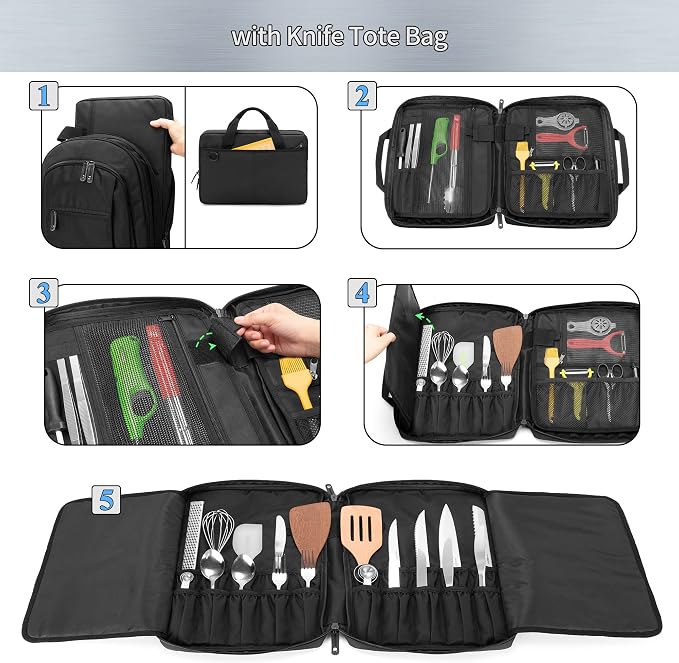 samdew Three-layer Chef Backpack with Knife Bag, Professional Knife Backpack & Chef Bag with 12 + 23 Slots & Multiple Pockets, Chef Knife Carrying Case Roll for Kitchen Utensils (Knife Not Included)