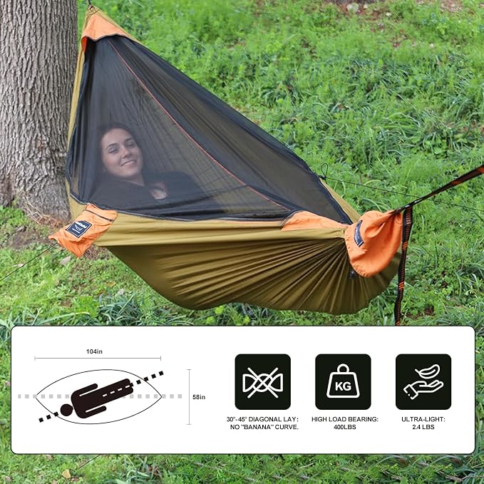 Camping Hammock with Integrated Mosquito Net, Ultralight Backpacking Hammock with Tree Straps & End-Aligned Stuff Sack, 210T Parachute Nylon Single Outdoor Portable Hammock-Olive Green & Orange