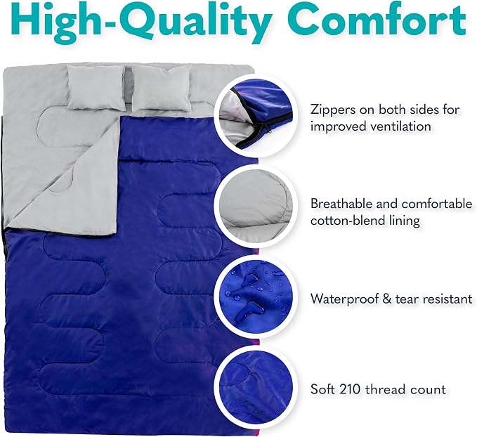 Sleepingo Double Sleeping Bags for Adults Backpacking, Camping, or Hiking - Waterproof Queen Sleeping Bags for Adults or Teens - Truck, Tent, Sleeping Pad