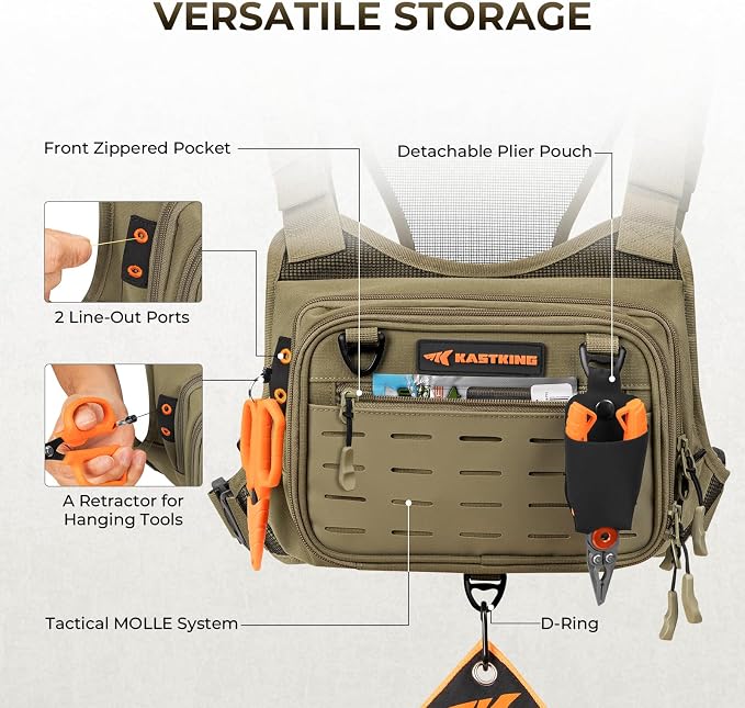 KastKing Bait Boss Water-Resistant Fishing Chest Pack With EVA Zip-Down Workstation, MOLLE Storage, Adjustable Chest Straps