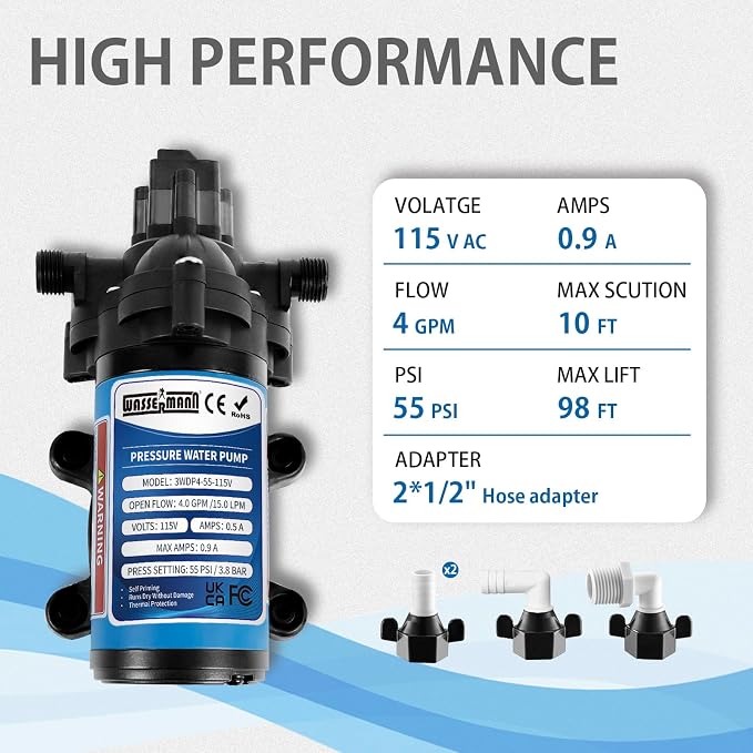 WASSERMANN Water Pressure Pump 115 Volt AC 4.0GPM 55PSI,Water Pump Self Priming Diaphragm Pump with Pressure Switch for Kitchen Bathroom Marine Yacht Garden
