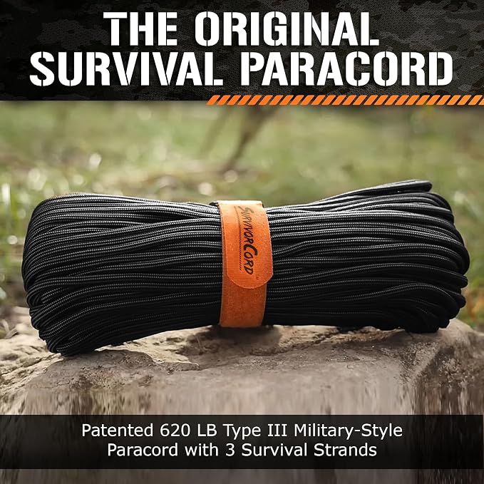 SurvivorCord Titan Survival Patented Paracord 550-25ft, 100ft, 500ft & Color Options - 620LB Strength Survival Paracord Military Spec with 3 Strands - Heavy Duty Hank Cord for Camping & Outdoors
