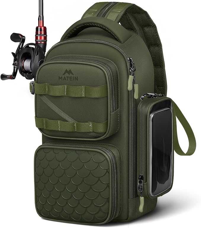MATEIN Fishing Sling Bag with Lure Rod Holder & Phone Pouch, Waterproof 3600 Tackle Box Backpack with Removable Bait Binder