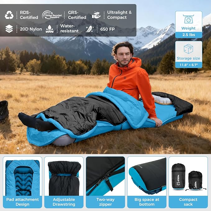 ATEPA Down Sleeping Bag for Adults, Recycled Ultralight 35°F 40°F 45°F 50°F 650FP / 700FP 3 Season Compact Sleeping Bags with Compression Sack for Backpacking Camping Hiking, Can Be Attached to Pad