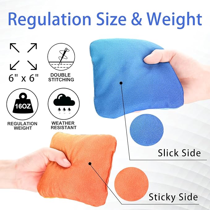 EunHo Double Sided Set of 8 Cornhole Bags Regulation Size & Weight Sticky and Slick Professional Corn Hole Bean Bags Multicolored