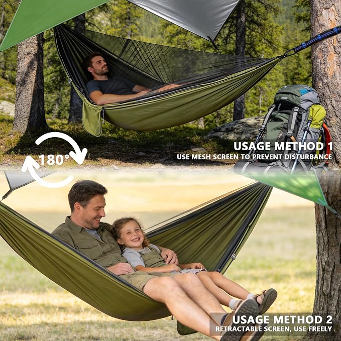 Camping Hammock with Rain Fly Tarp Mosquito Net Heavy Duty Tree Straps Portable Double Parachute Hammocks Tent Waterproof Rainfly Set